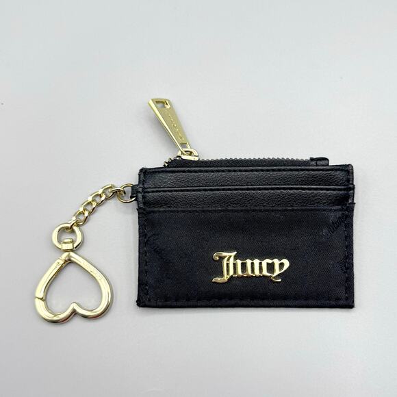 JUICY COUTURE Mini Wallet Keychain LOGO Black Gold tone Card Holder Y2K EUC - Picture 1 of 4